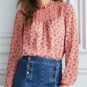 Boden Janie Floral Pink Smocked Neck Long Sleeve Blouse Size 14 Lined